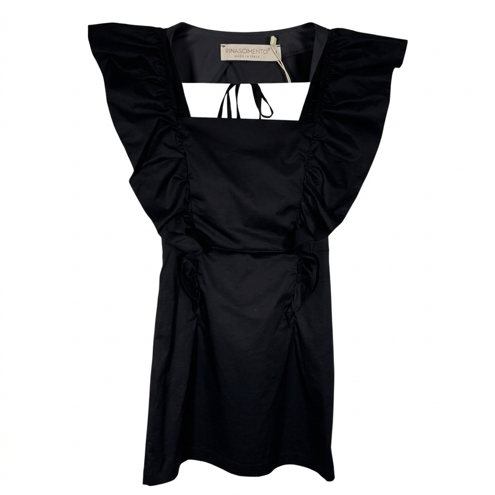 Rinascimento black dress with square neckline, ruffle flutter sleeves, tie back